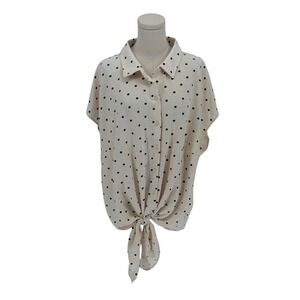 C by One Women's 3X Polka Dot Tie Front Collared Shirt Top Cream
